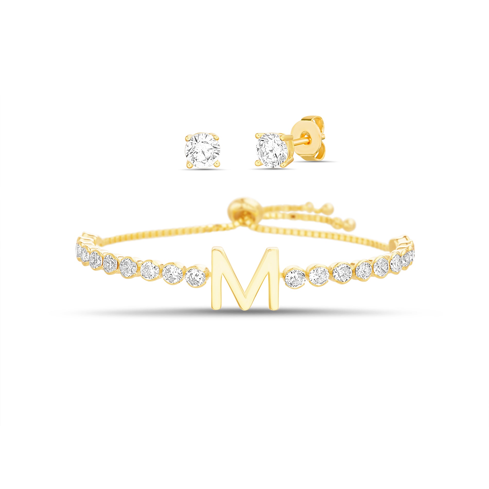 Gold Initial Sparkle Tennis Bracelet and Stud Set